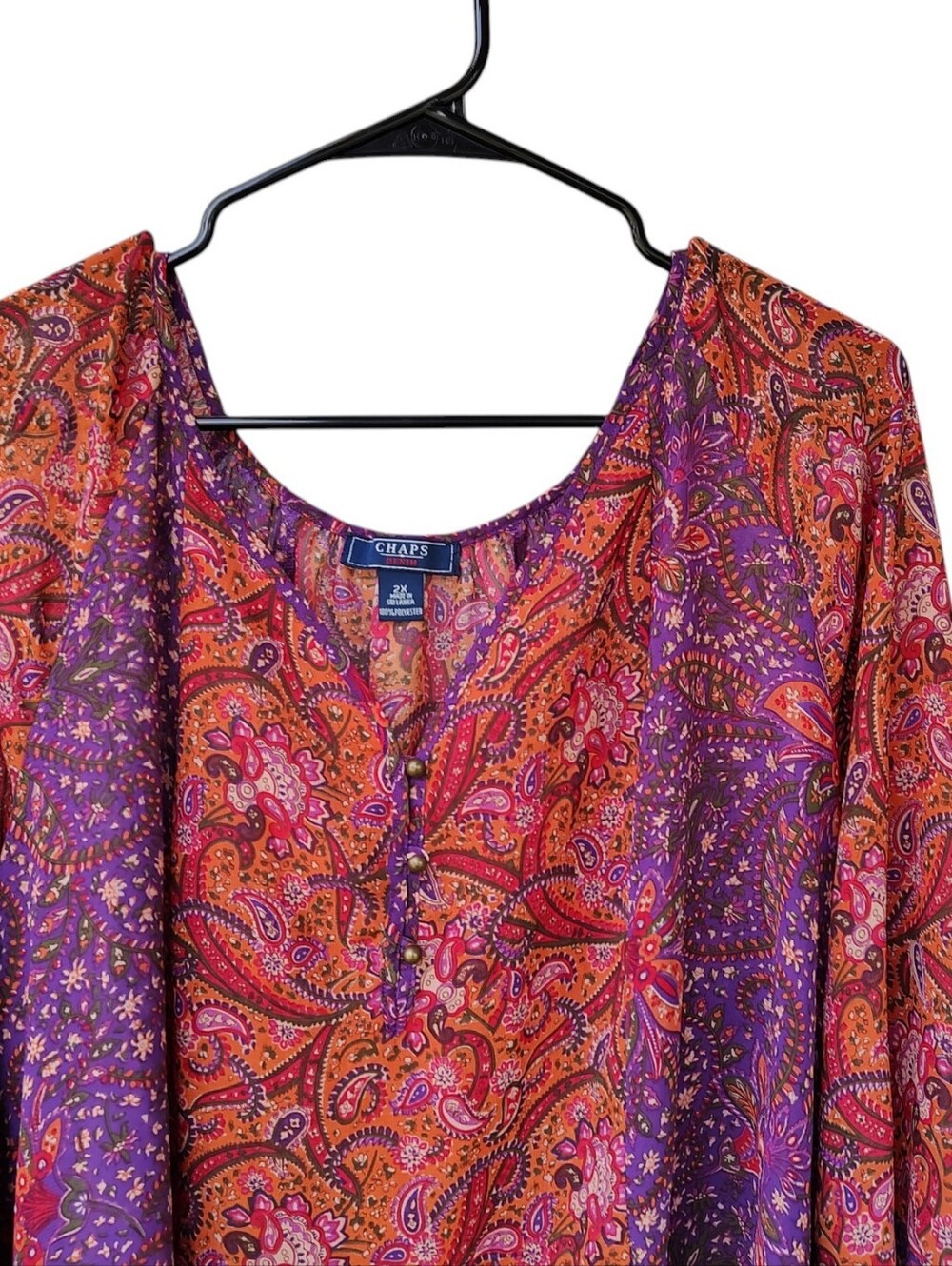 Chaps Paisley Split-Neck Peasant Blouse In Tangerine And Magenta Colors - Picture 3 of 5